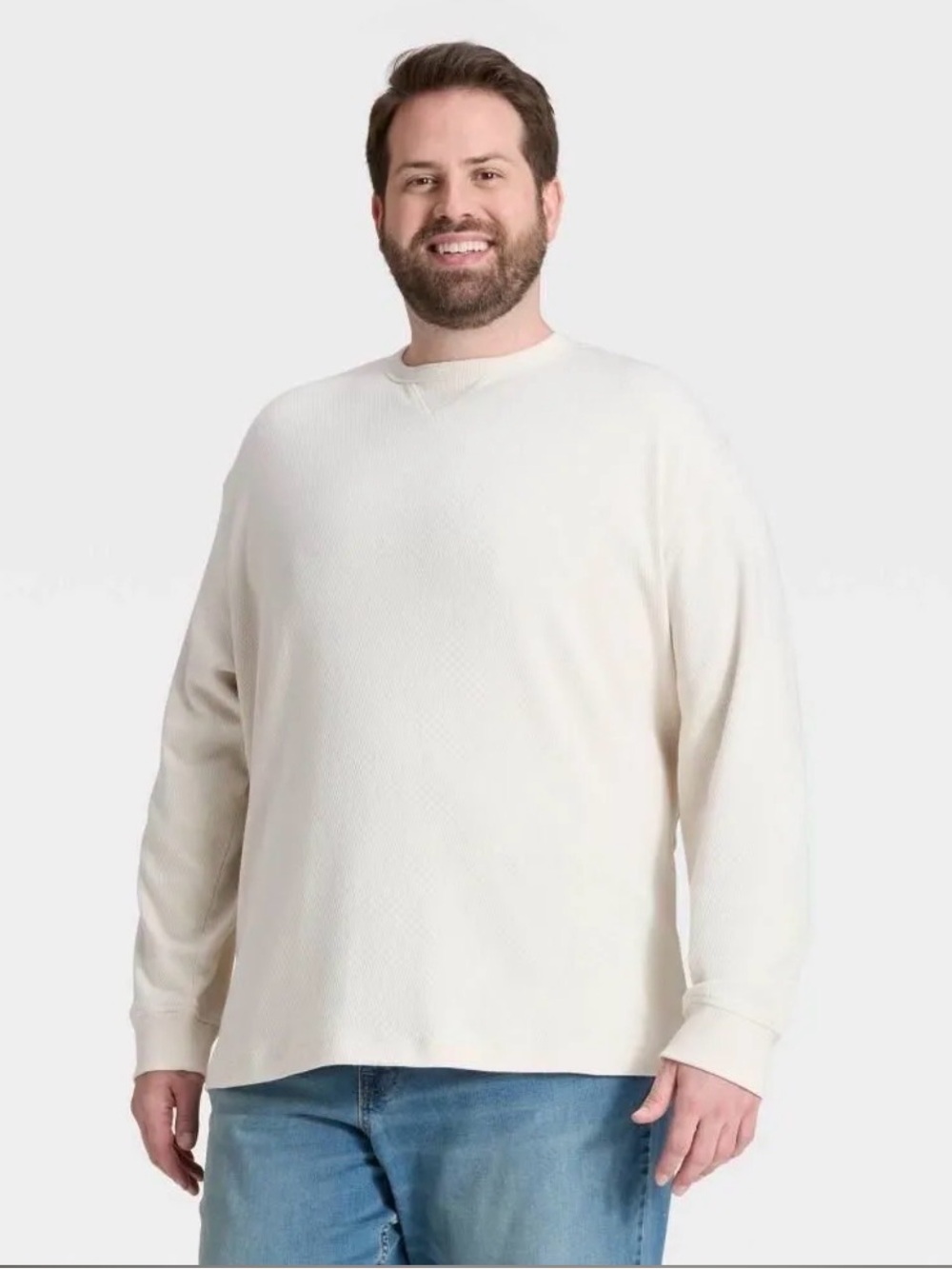 3X Men's Crewneck Long-Sleeve Sweater in Cream